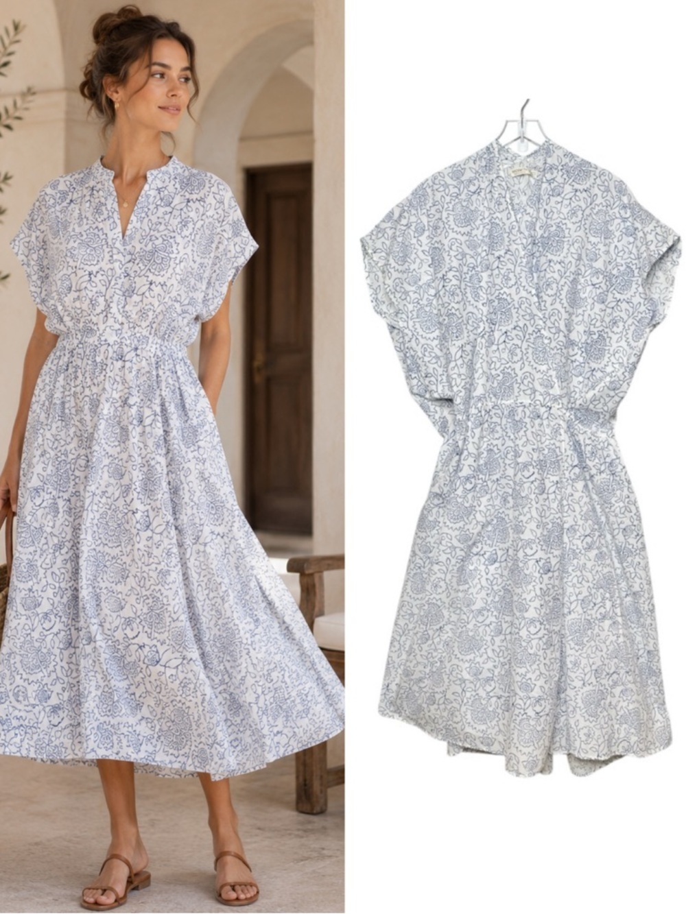 HACKWITH Design House White Etoile Floral Lagenlook Cotton Tunic MIdi Dress OS